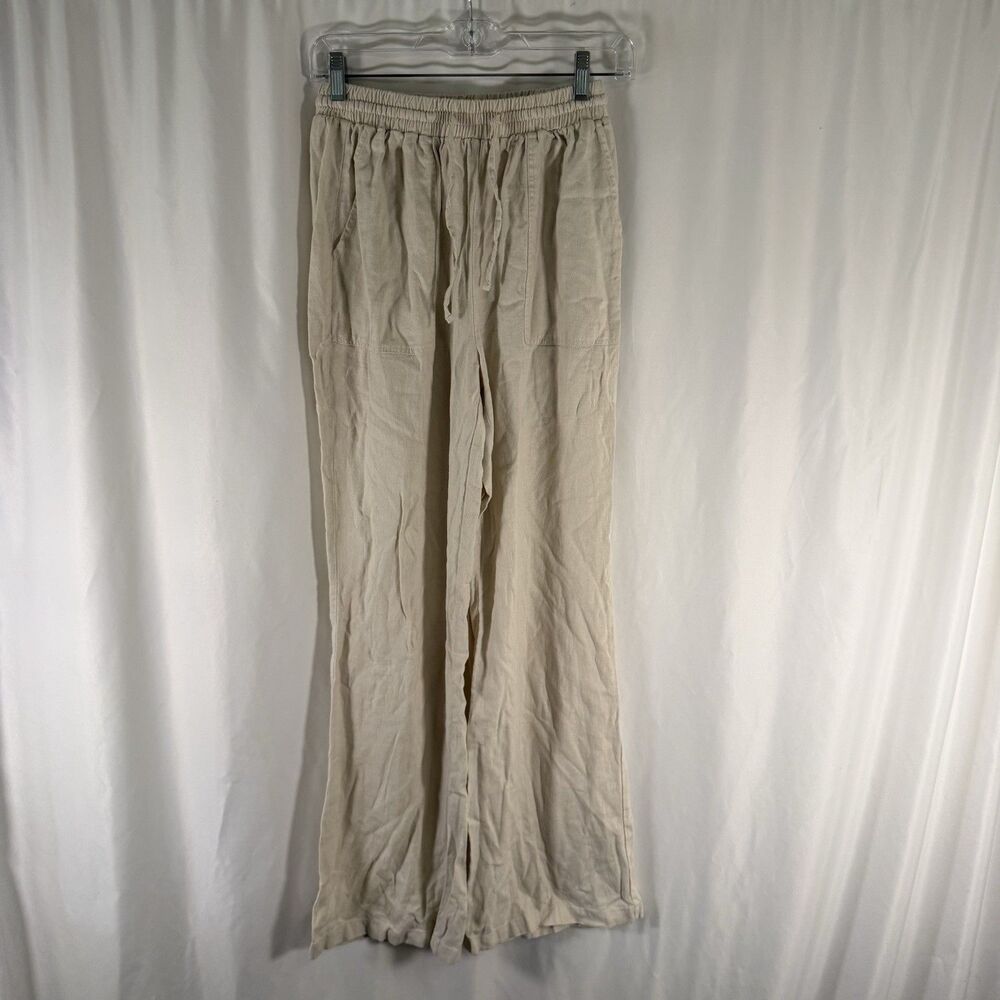 Happily Grey Linen Blend Pants Women's Medium Beige Pockets Elastic Waist Pull O